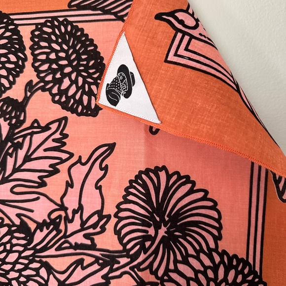Pink Floral Cotton Bandana with Birds Swallows and Chrysanthemums; Summertime - Picture 4 of 4